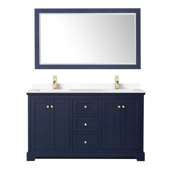 60 Inch Double Bathroom Vanity in Dark Blue, White Cultured Marble Countertop, Sinks, 58 Inch Mirror