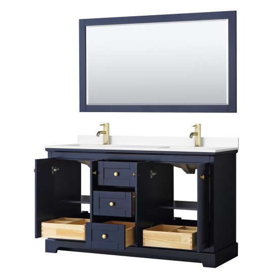 60 Inch Double Bathroom Vanity in Dark Blue, White Cultured Marble Countertop, Sinks, 58 Inch Mirror