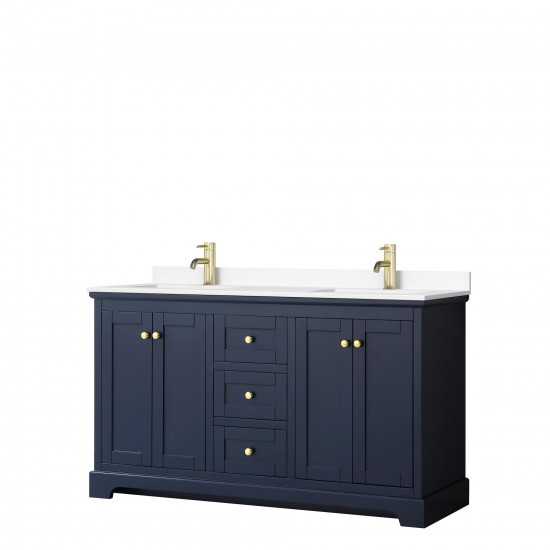 60 Inch Double Bathroom Vanity in Dark Blue, White Cultured Marble Countertop, Sinks, No Mirror