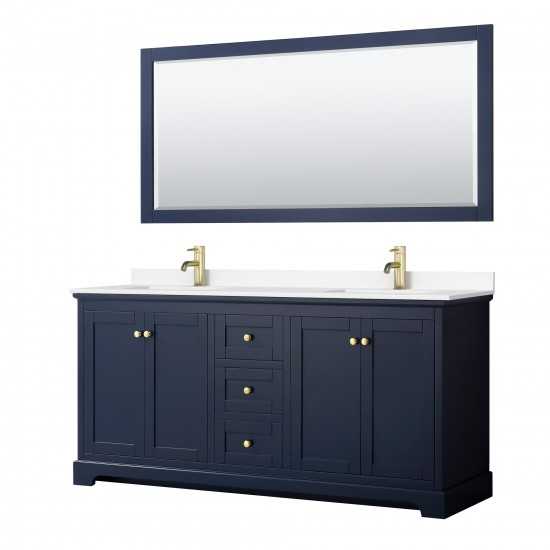 72 Inch Double Bathroom Vanity in Dark Blue, White Cultured Marble Countertop, Sinks, 70 Inch Mirror