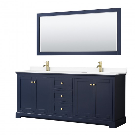 80 Inch Double Bathroom Vanity in Dark Blue, White Cultured Marble Countertop, Sinks, 70 Inch Mirror