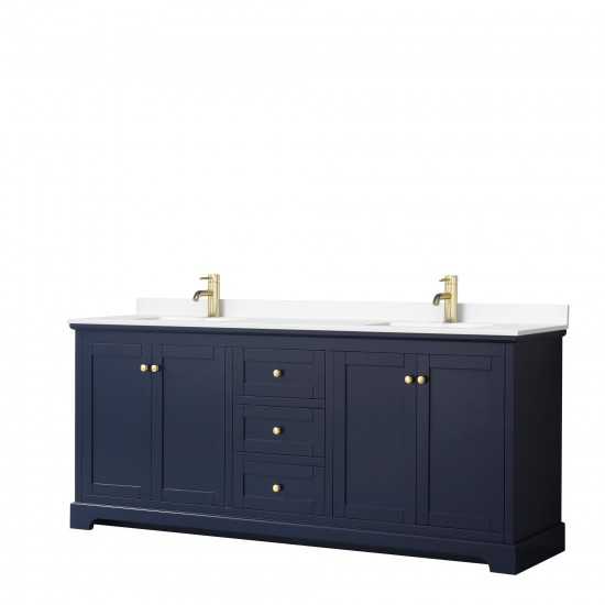 80 Inch Double Bathroom Vanity in Dark Blue, White Cultured Marble Countertop, Sinks, No Mirror