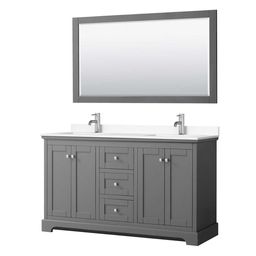 60 Inch Double Bathroom Vanity in Dark Gray, White Cultured Marble Countertop, Sinks, 58 Inch Mirror