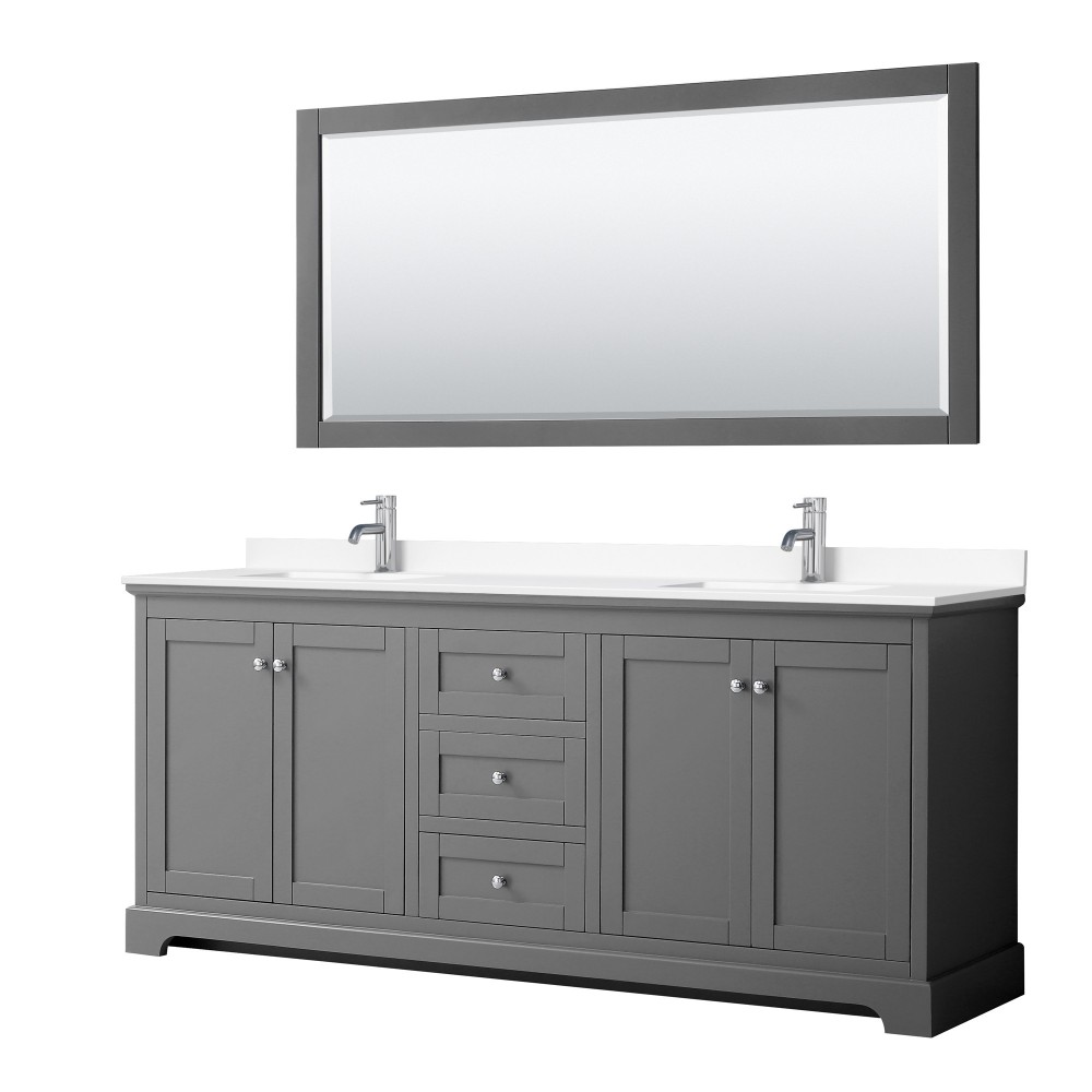 80 Inch Double Bathroom Vanity in Dark Gray, White Cultured Marble Countertop, Sinks, 70 Inch Mirror