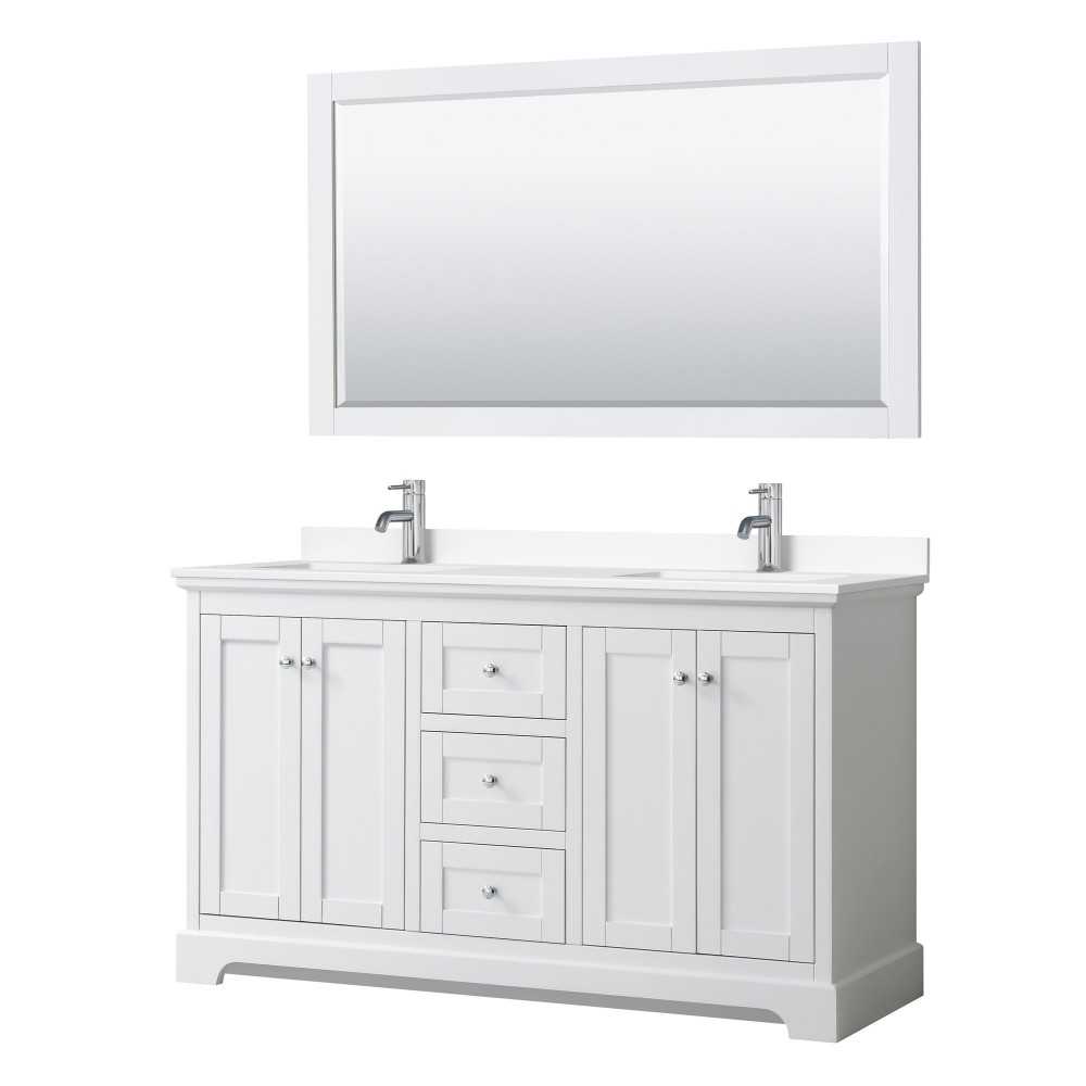 60 Inch Double Bathroom Vanity in White, White Cultured Marble Countertop, Sinks, 58 Inch Mirror