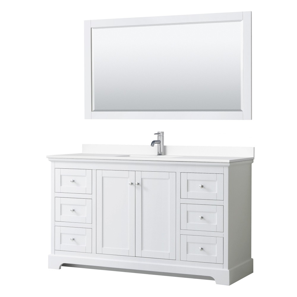 60 Inch Single Bathroom Vanity in White, White Cultured Marble Countertop, Sink, 58 Inch Mirror