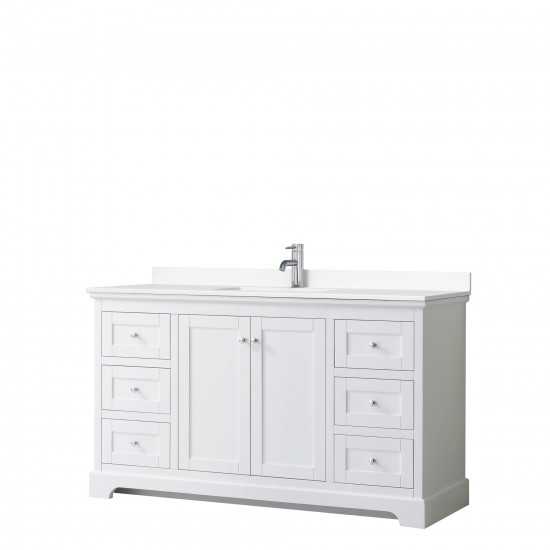 60 Inch Single Bathroom Vanity in White, White Cultured Marble Countertop, Sink, No Mirror