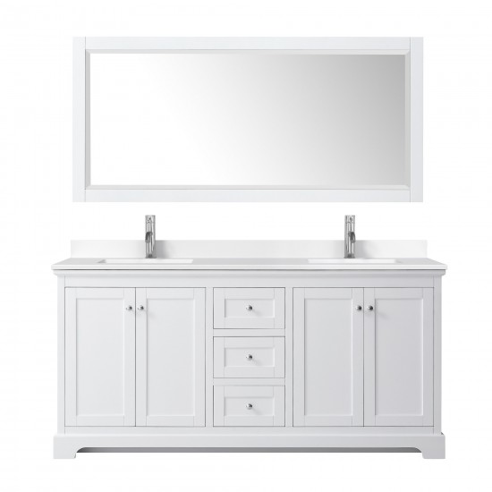 72 Inch Double Bathroom Vanity in White, White Cultured Marble Countertop, Sinks, 70 Inch Mirror