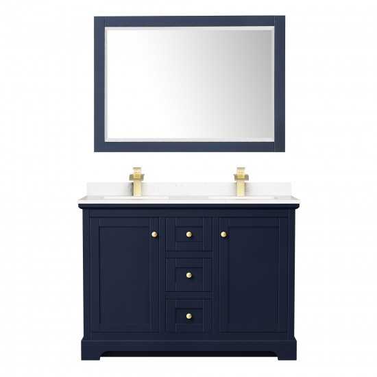 48 Inch Double Bathroom Vanity in Dark Blue, Light-Vein Carrara Cultured Marble Countertop, Sinks, 46 Inch Mirror