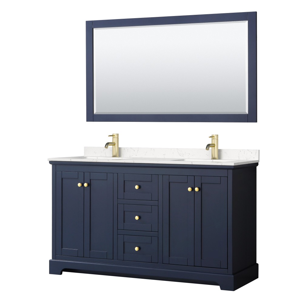 60 Inch Double Bathroom Vanity in Dark Blue, Light-Vein Carrara Cultured Marble Countertop, Sinks, 58 Inch Mirror