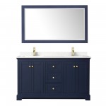 60 Inch Double Bathroom Vanity in Dark Blue, Light-Vein Carrara Cultured Marble Countertop, Sinks, 58 Inch Mirror