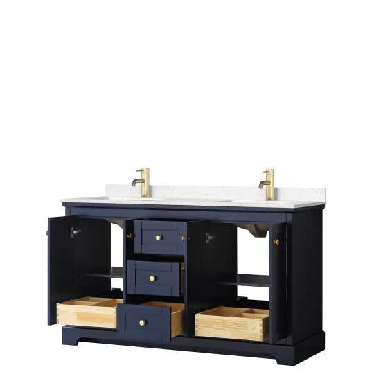 60 Inch Double Bathroom Vanity in Dark Blue, Light-Vein Carrara Cultured Marble Countertop, Sinks, No Mirror