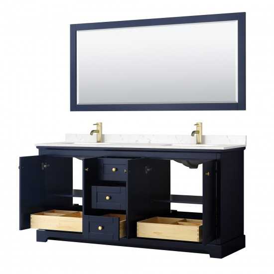 72 Inch Double Bathroom Vanity in Dark Blue, Light-Vein Carrara Cultured Marble Countertop, Sinks, 70 Inch Mirror