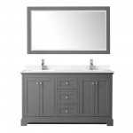 60 Inch Double Bathroom Vanity in Dark Gray, Light-Vein Carrara Cultured Marble Countertop, Sinks, 58 Inch Mirror