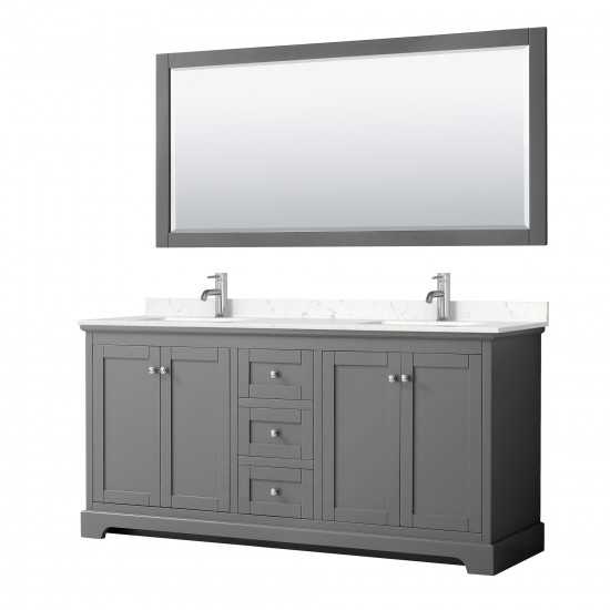 72 Inch Double Bathroom Vanity in Dark Gray, Light-Vein Carrara Cultured Marble Countertop, Sinks, 70 Inch Mirror