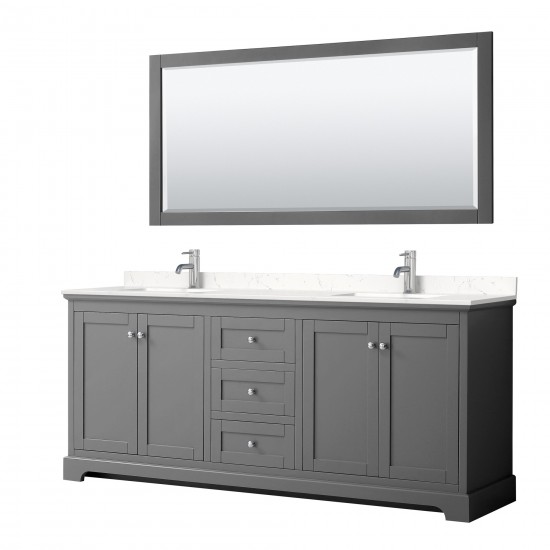 80 Inch Double Bathroom Vanity in Dark Gray, Light-Vein Carrara Cultured Marble Countertop, Sinks, 70 Inch Mirror