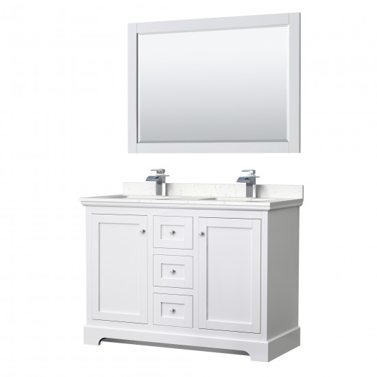 48 Inch Double Bathroom Vanity in White, Light-Vein Carrara Cultured Marble Countertop, Sinks, 46 Inch Mirror