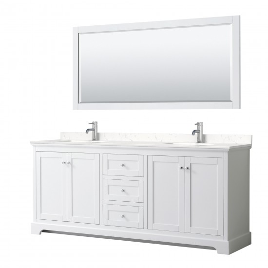 80 Inch Double Bathroom Vanity in White, Light-Vein Carrara Cultured Marble Countertop, Sinks, 70 Inch Mirror