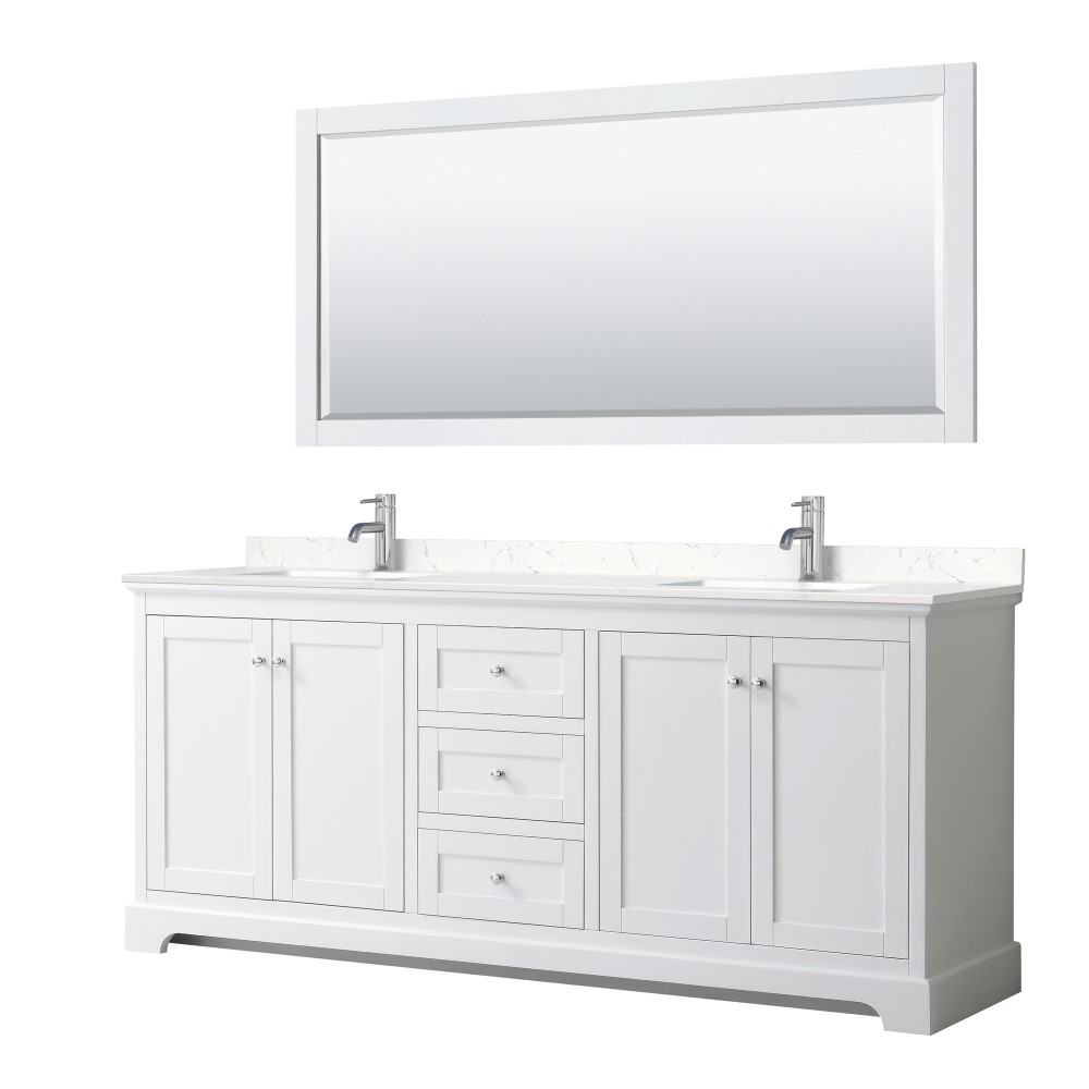 80 Inch Double Bathroom Vanity in White, Light-Vein Carrara Cultured Marble Countertop, Sinks, 70 Inch Mirror