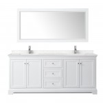 80 Inch Double Bathroom Vanity in White, Light-Vein Carrara Cultured Marble Countertop, Sinks, 70 Inch Mirror