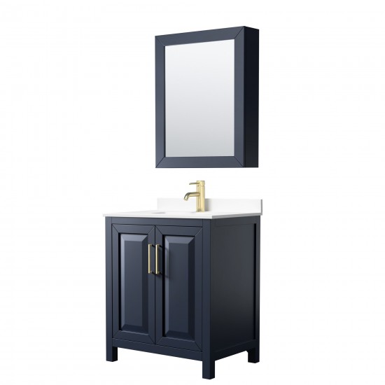 30 Inch Single Bathroom Vanity in Dark Blue, White Cultured Marble Countertop, Sink, Medicine Cabinet