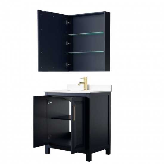 30 Inch Single Bathroom Vanity in Dark Blue, White Cultured Marble Countertop, Sink, Medicine Cabinet
