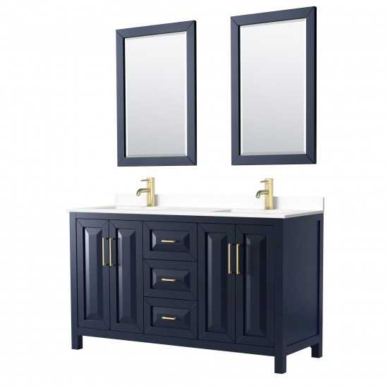 60 Inch Double Bathroom Vanity in Dark Blue, White Cultured Marble Countertop, Sinks, 24 Inch Mirrors