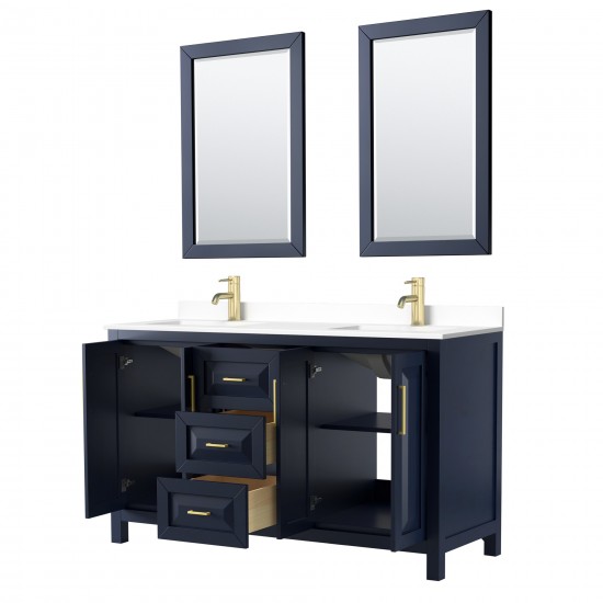 60 Inch Double Bathroom Vanity in Dark Blue, White Cultured Marble Countertop, Sinks, 24 Inch Mirrors