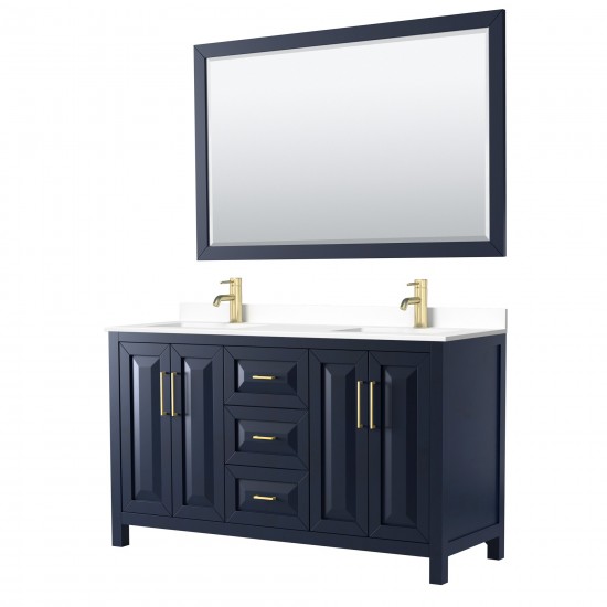 60 Inch Double Bathroom Vanity in Dark Blue, White Cultured Marble Countertop, Sinks, 58 Inch Mirror