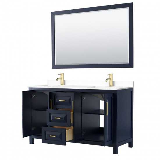 60 Inch Double Bathroom Vanity in Dark Blue, White Cultured Marble Countertop, Sinks, 58 Inch Mirror