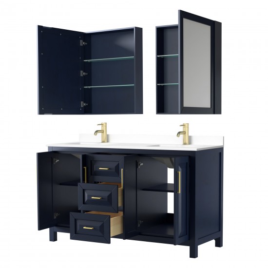 60 Inch Double Bathroom Vanity in Dark Blue, White Cultured Marble Countertop, Sinks, Medicine Cabinets