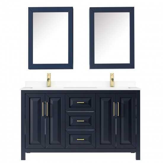 60 Inch Double Bathroom Vanity in Dark Blue, White Cultured Marble Countertop, Sinks, Medicine Cabinets