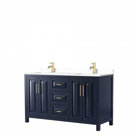 60 Inch Double Bathroom Vanity in Dark Blue, White Cultured Marble Countertop, Sinks, No Mirror