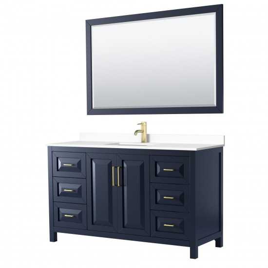 60 Inch Single Bathroom Vanity in Dark Blue, White Cultured Marble Countertop, Sink, 58 Inch Mirror