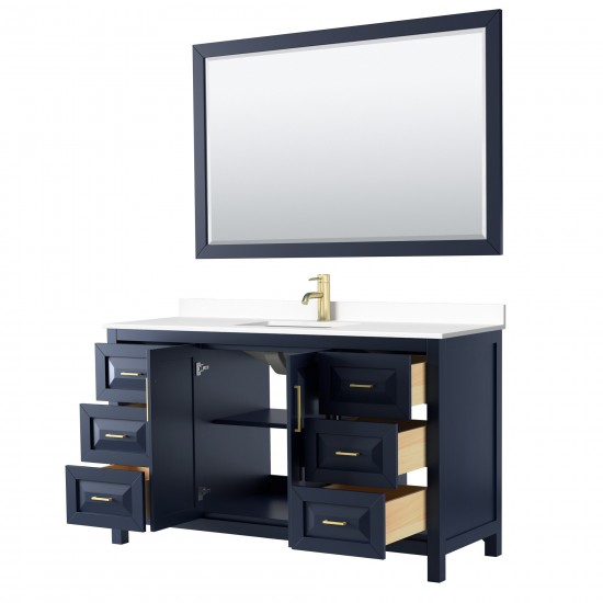 60 Inch Single Bathroom Vanity in Dark Blue, White Cultured Marble Countertop, Sink, 58 Inch Mirror