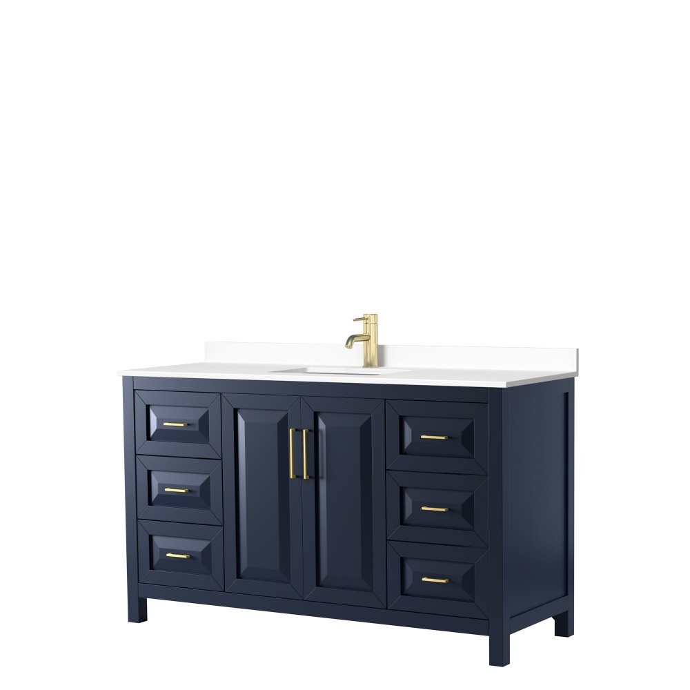 60 Inch Single Bathroom Vanity in Dark Blue, White Cultured Marble Countertop, Sink, No Mirror