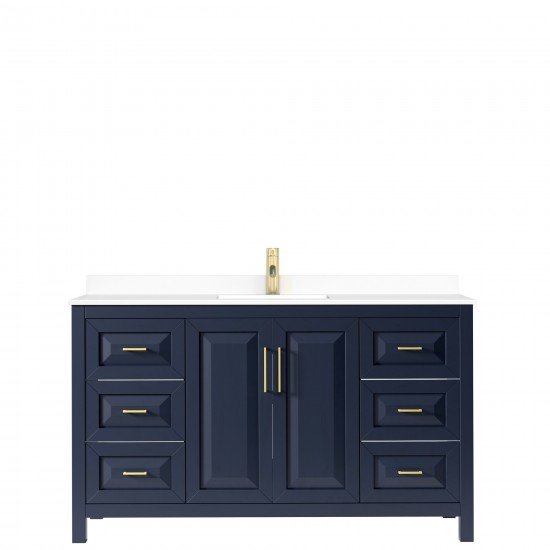 60 Inch Single Bathroom Vanity in Dark Blue, White Cultured Marble Countertop, Sink, No Mirror