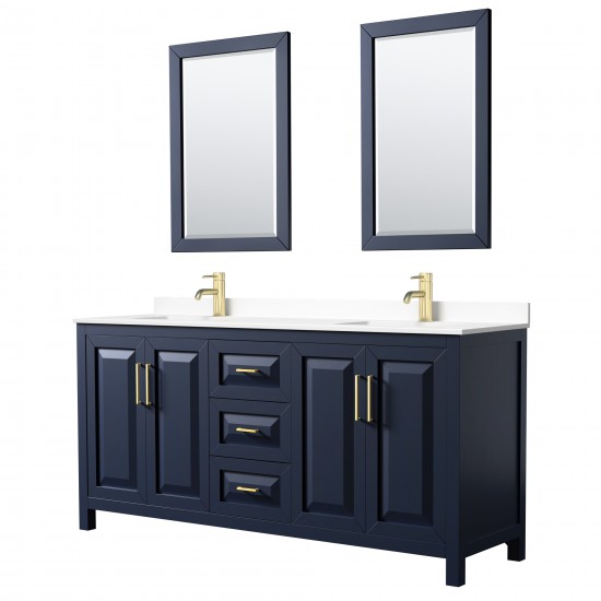 72 Inch Double Bathroom Vanity in Dark Blue, White Cultured Marble Countertop, Sinks, 24 Inch Mirrors