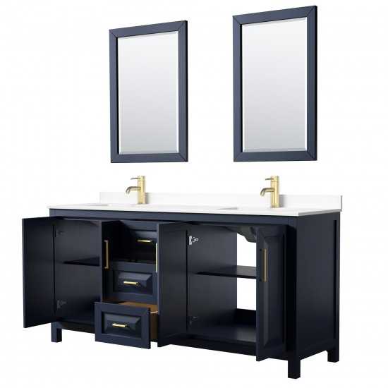 72 Inch Double Bathroom Vanity in Dark Blue, White Cultured Marble Countertop, Sinks, 24 Inch Mirrors