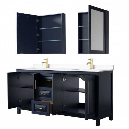 72 Inch Double Bathroom Vanity in Dark Blue, White Cultured Marble Countertop, Sinks, Medicine Cabinets