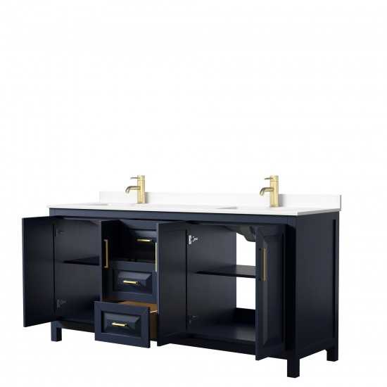 72 Inch Double Bathroom Vanity in Dark Blue, White Cultured Marble Countertop, Sinks, No Mirror