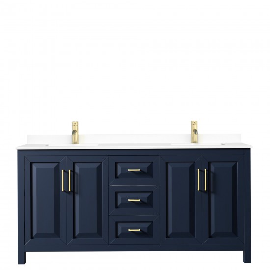 72 Inch Double Bathroom Vanity in Dark Blue, White Cultured Marble Countertop, Sinks, No Mirror