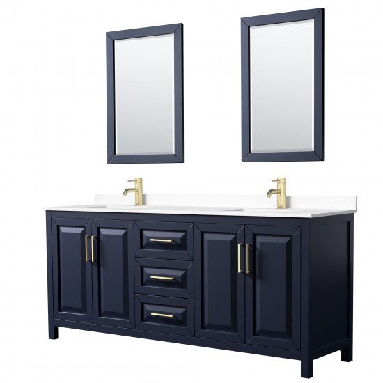 80 Inch Double Bathroom Vanity in Dark Blue, White Cultured Marble Countertop, Sinks, 24 Inch Mirrors