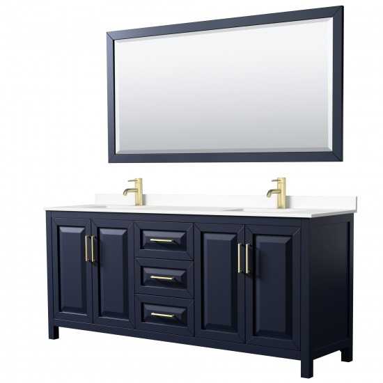 80 Inch Double Bathroom Vanity in Dark Blue, White Cultured Marble Countertop, Sinks, 70 Inch Mirror