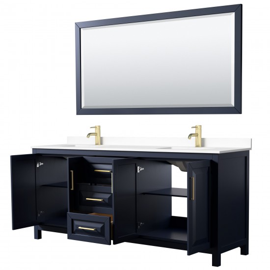 80 Inch Double Bathroom Vanity in Dark Blue, White Cultured Marble Countertop, Sinks, 70 Inch Mirror