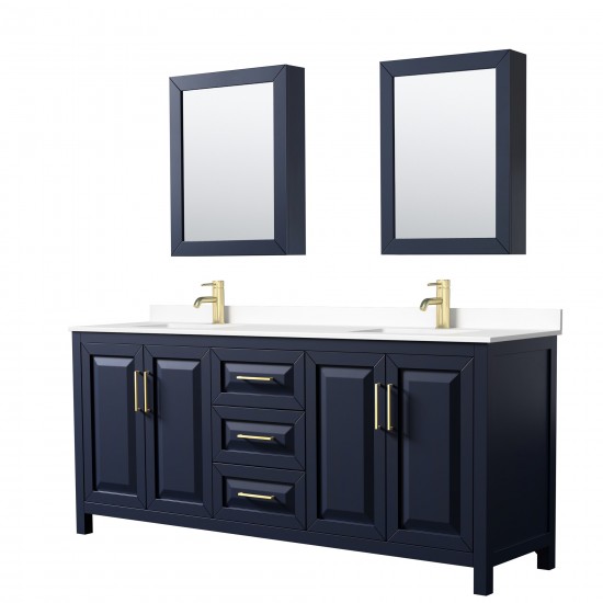 80 Inch Double Bathroom Vanity in Dark Blue, White Cultured Marble Countertop, Sinks, Medicine Cabinets