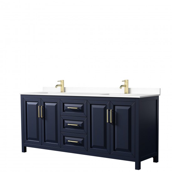 80 Inch Double Bathroom Vanity in Dark Blue, White Cultured Marble Countertop, Sinks, No Mirror