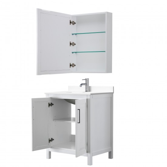 30 Inch Single Bathroom Vanity in White, White Cultured Marble Countertop, Sink, Medicine Cabinet