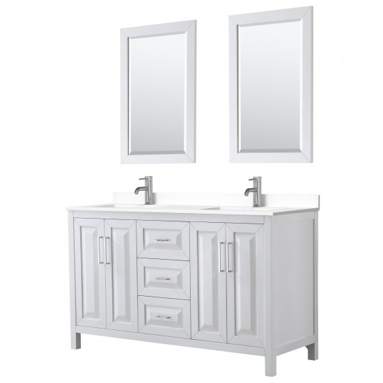 60 Inch Double Bathroom Vanity in White, White Cultured Marble Countertop, Sinks, 24 Inch Mirrors