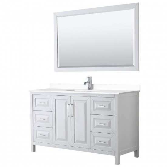 60 Inch Single Bathroom Vanity in White, White Cultured Marble Countertop, Sink, 58 Inch Mirror